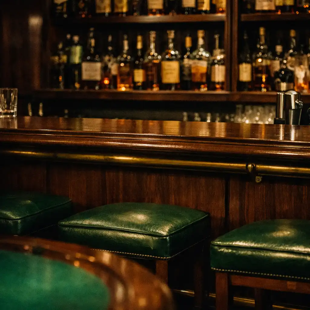 Bar counter at Card Glen Armidale with dark wood, brass foot rail, and premium spirits