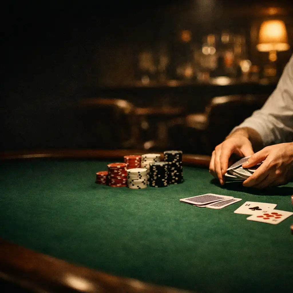 Poker table with green felt, clay chips and a dealer's hands shuffling cards in the dimly lit Card Lounge