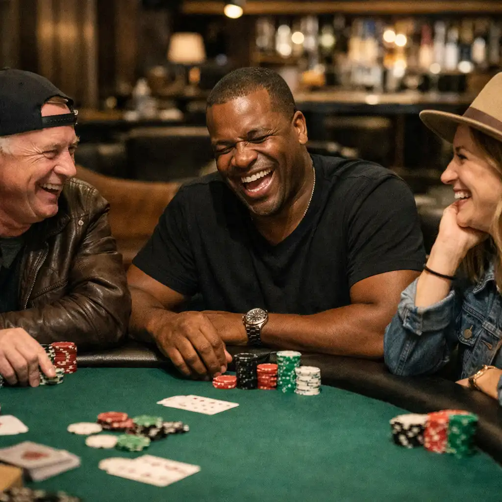 Three players laughing and talking around a green felt poker table in the Card Lounge