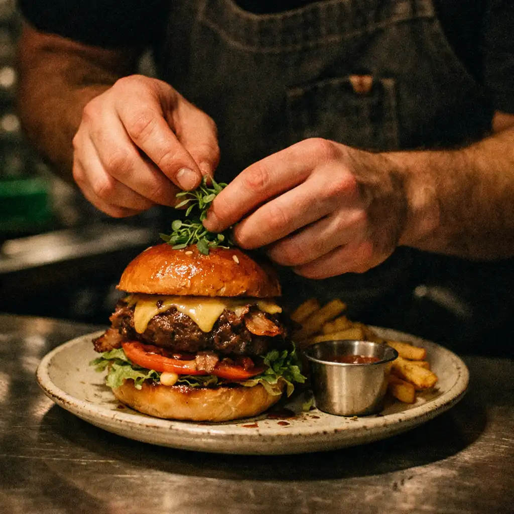 Chef's hands plating a gourmet burger in a dimly lit kitchen