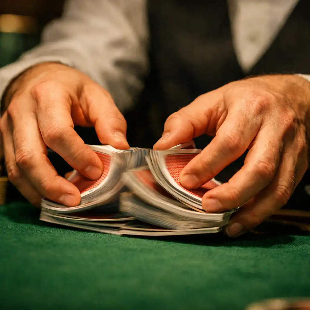 A dealer's hands shuffling playing cards over a green felt poker table