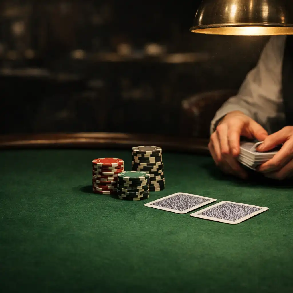 Close-up of a professional poker table with green felt, clay chips, and playing cards under warm low lighting