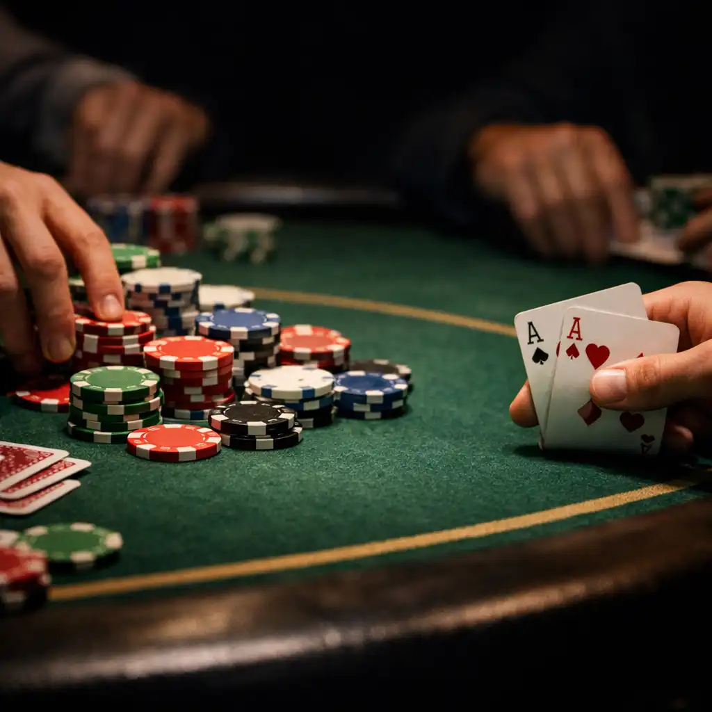 Close-up of a live poker table showing players' hands, cards, and clay chips on green felt