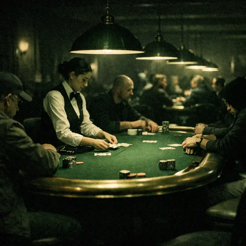 Professional felt poker tables and live dealers inside the Card Glen poker room