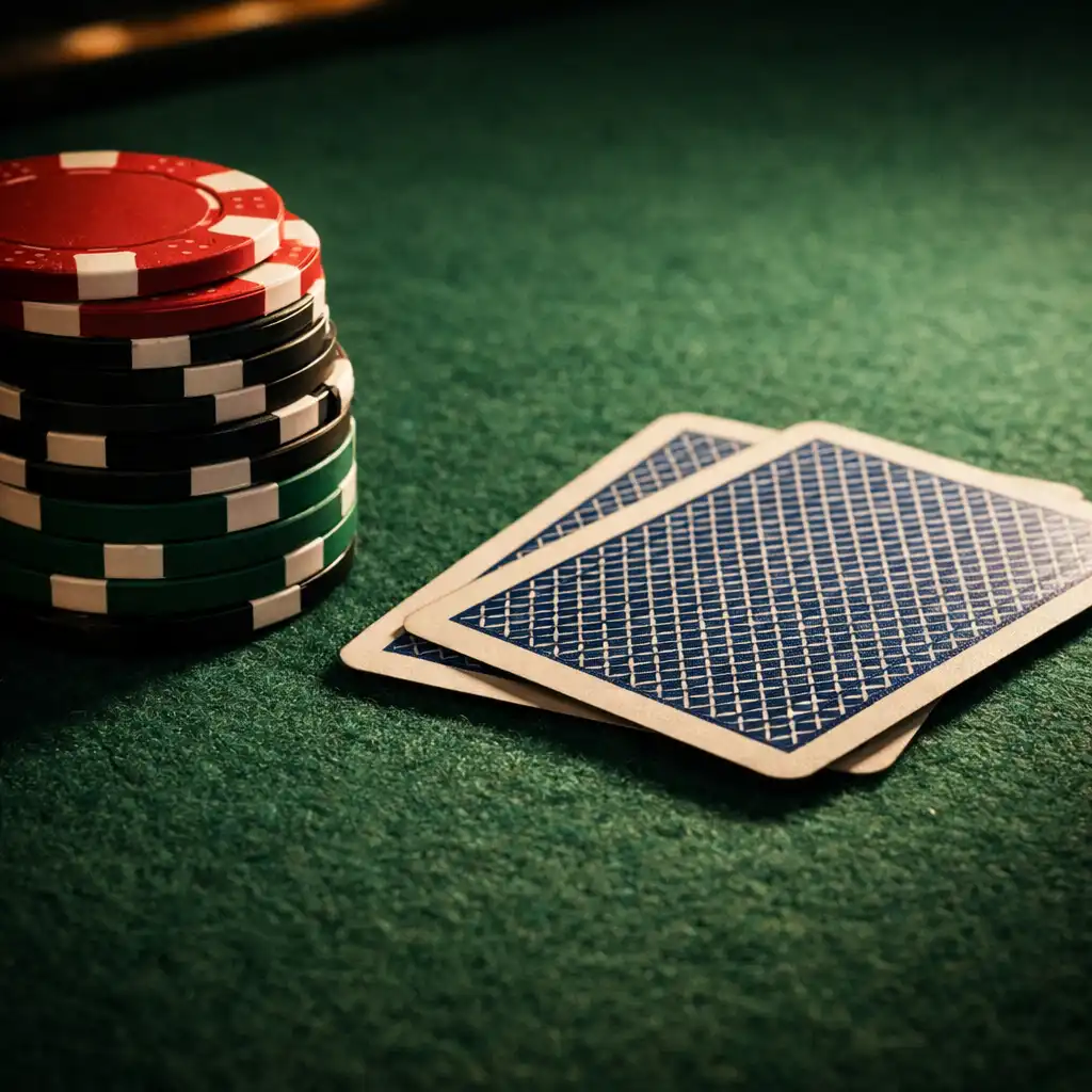 Close-up of professional poker table felt with clay chips and playing cards