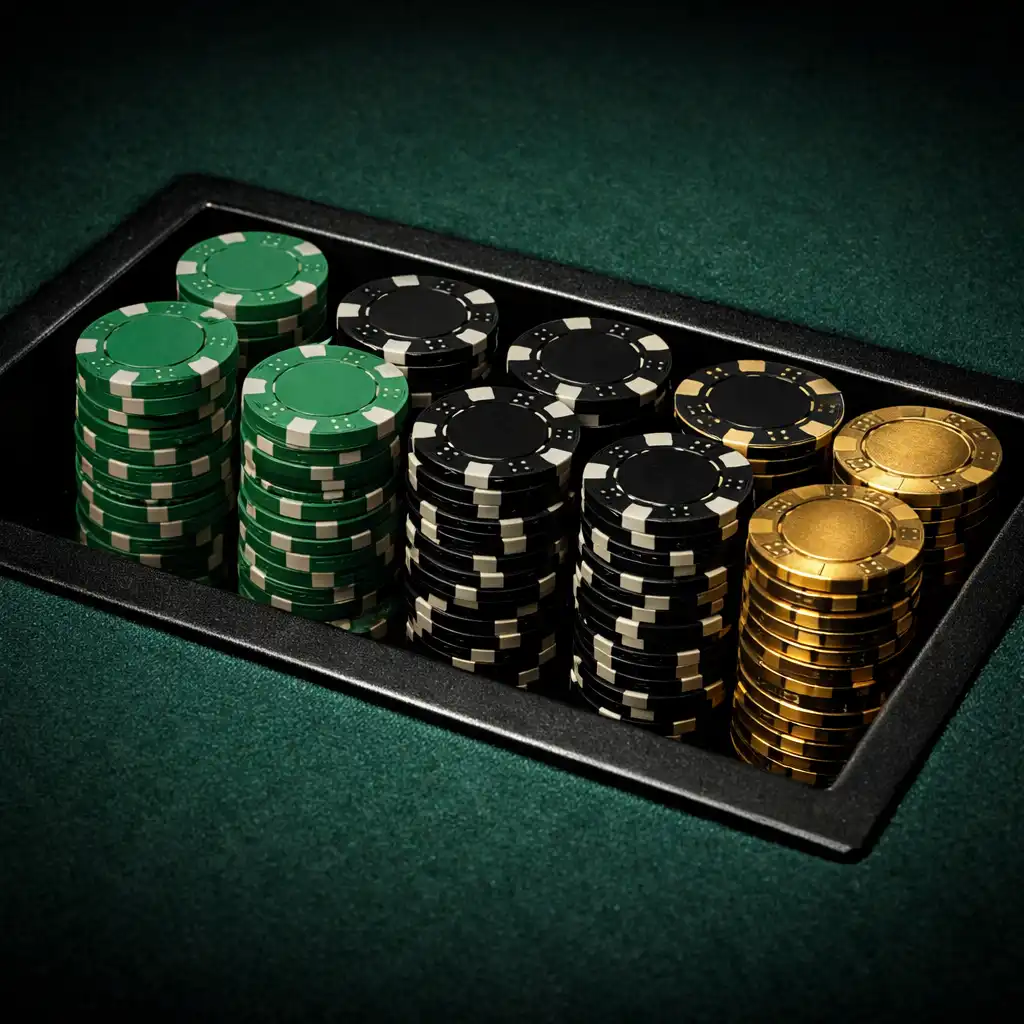 Recessed chip tray built into a poker table filled with stacks of clay chips