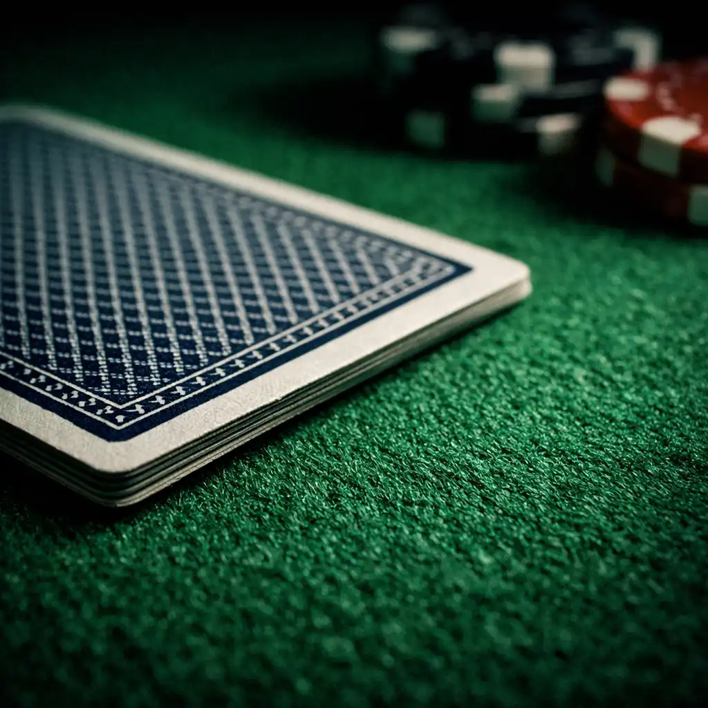 Macro detail of green poker table felt with a face-down playing card and chips