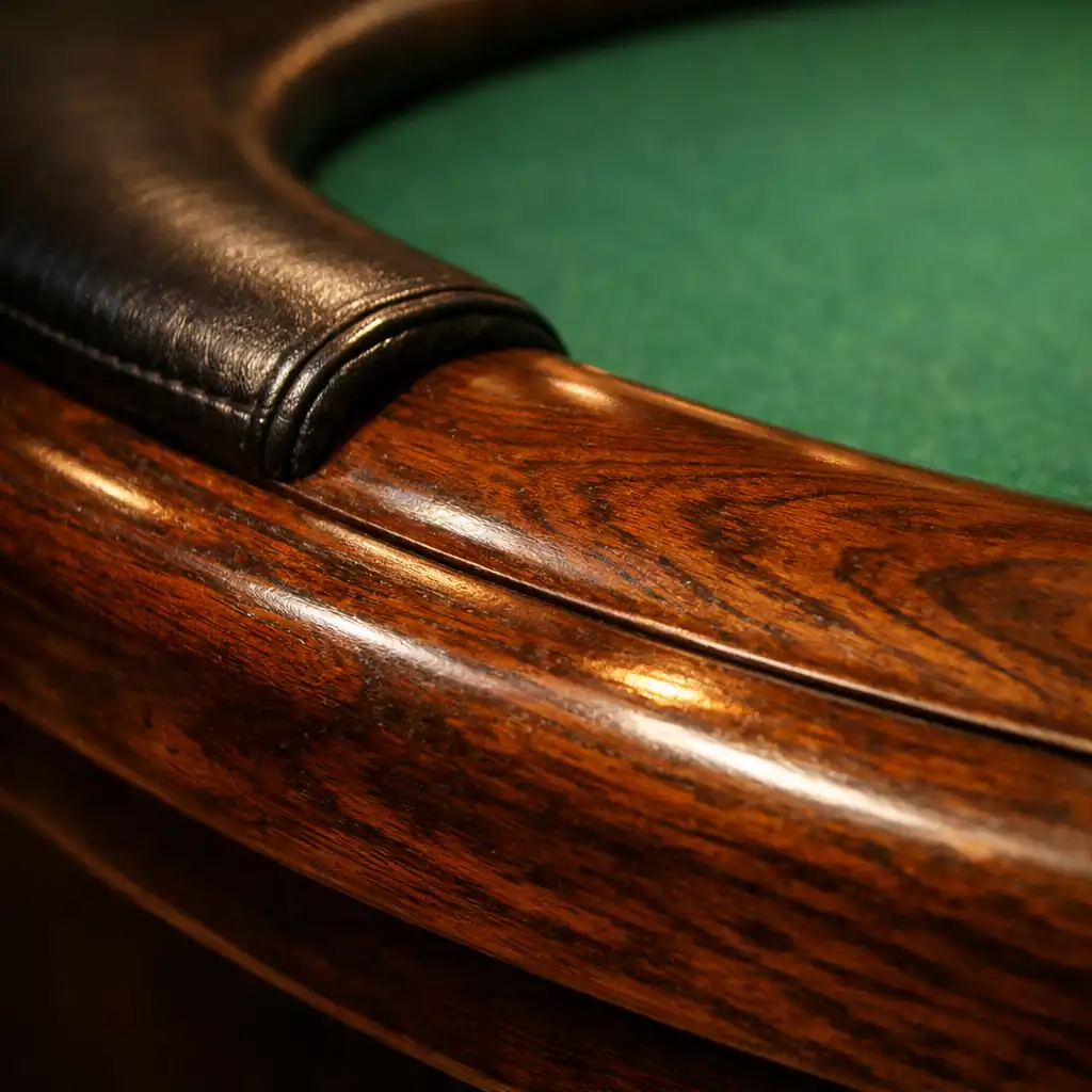 Close-up of a polished wooden poker table rail with padded leather armrest
